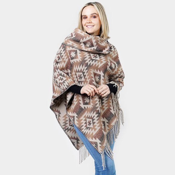 Western Pattern Tassel Poncho - Picture 2 of 2